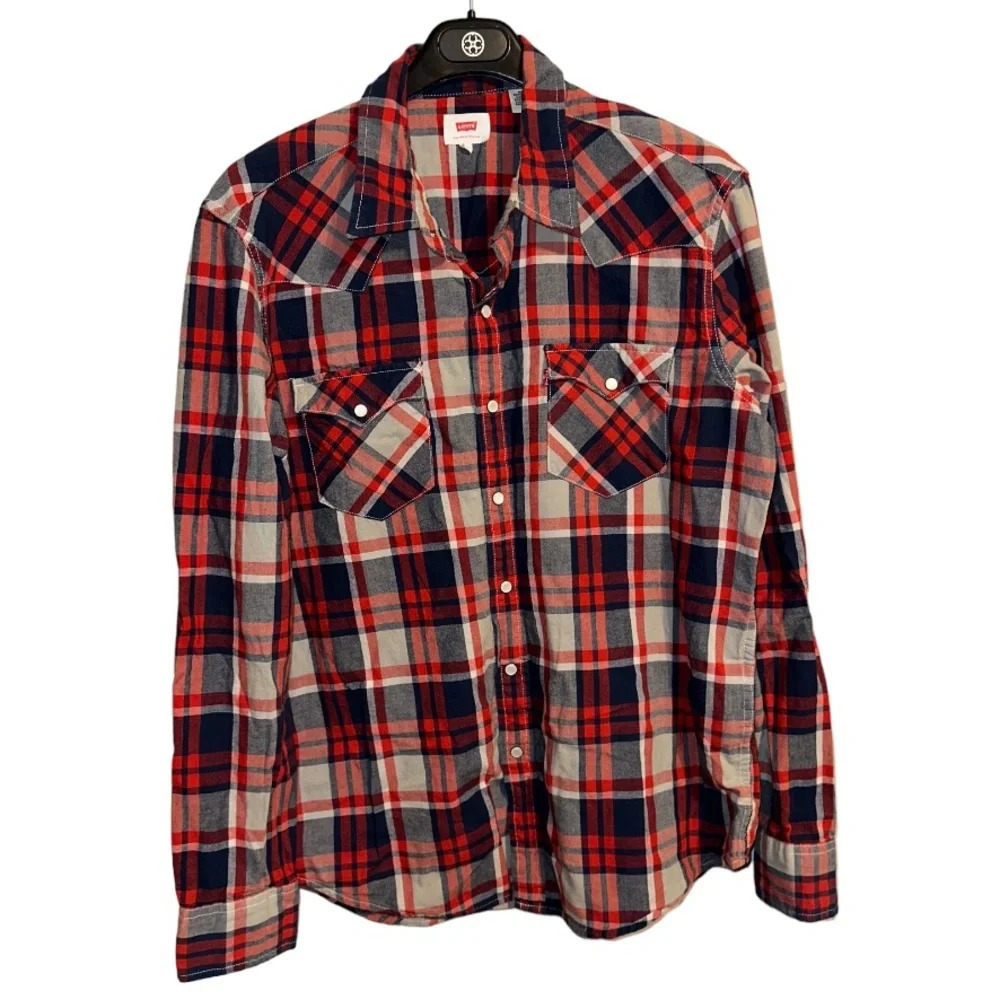 Levi’s Western Shirt Plaid Button Up Trucker Pearl Snap Boyfriend Top Sz L